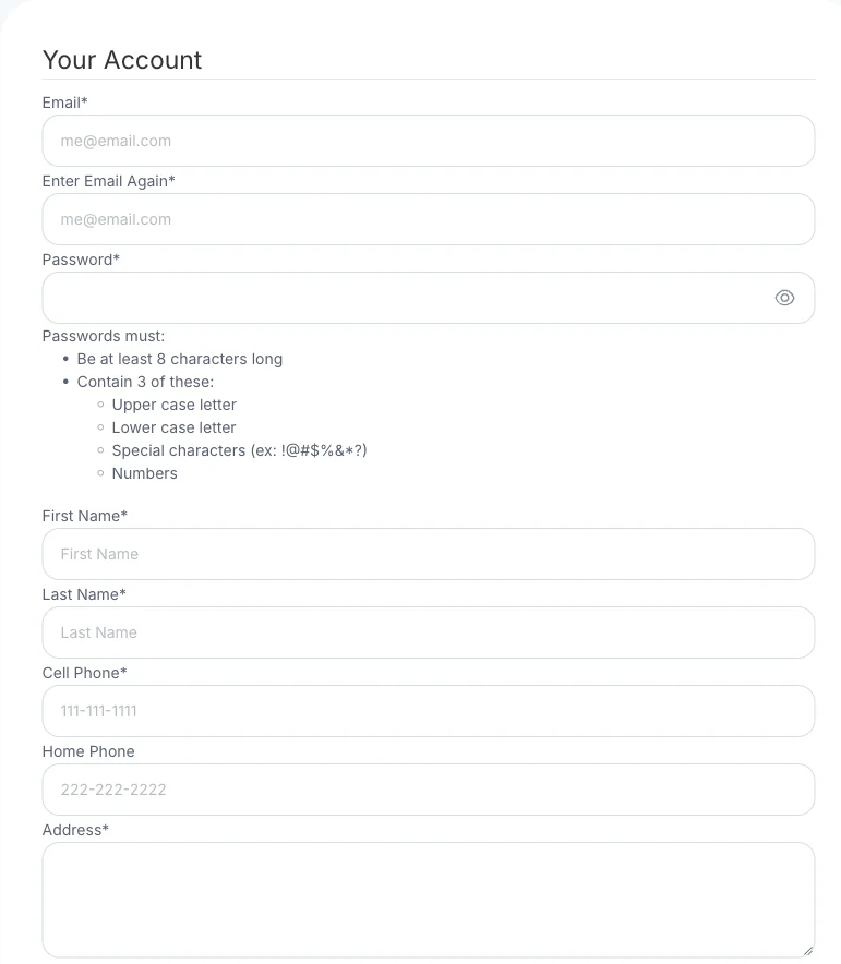Create Account form asking for email, a password, name, phone numbers and an address.
