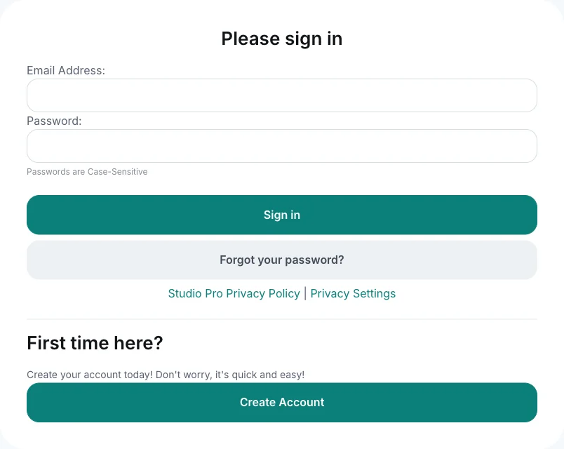 Parent portal sign-in form with email and password fields, and a Create Account button below.